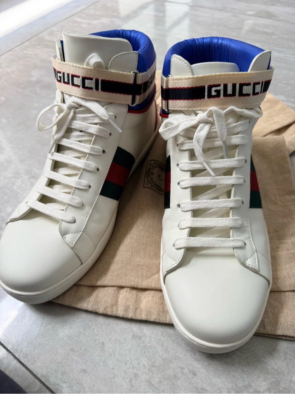 Gucci White High-Top Leather Sneakers with Green and Red Web Stripe